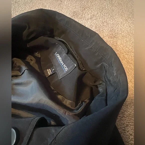 London Fog Long Black Wrap Coat Button down waist tie trench size large - Picture 10 of 11